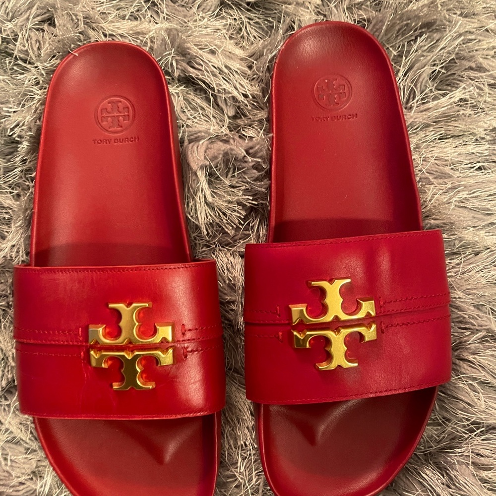 Tory Burch Everly Anatomic Cloud Leather Slides in RED - Size 10.5